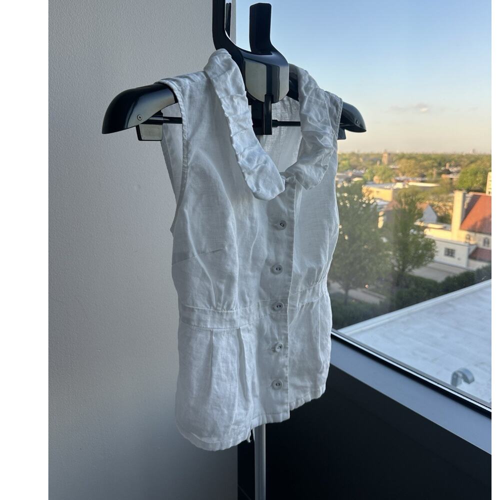 TWEEDS White Linen Ruffle Collar Button Sleeveless Blouse Women's M